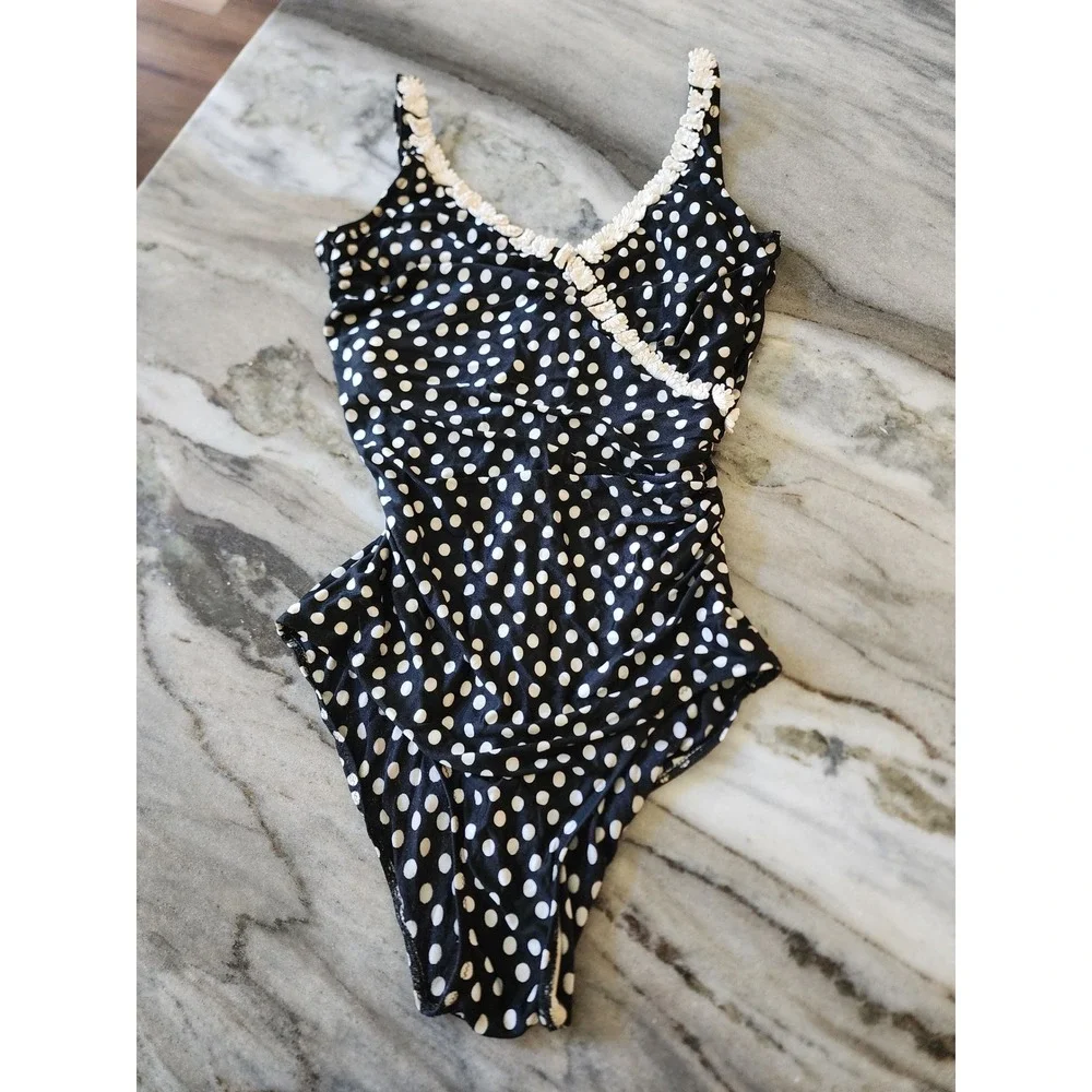 VTG 90s Polka Dot One Piece High Cut Swimsuit Retro Pin Up Daisy Crochet Trim